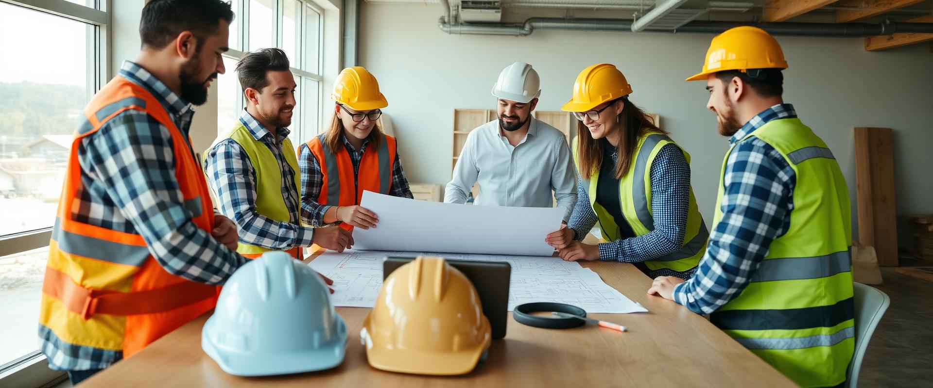 Construction team planning around blueprints in a site office
