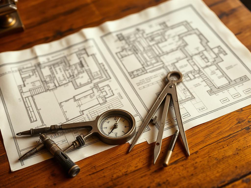 Vintage architectural blueprints and drafting instruments on a desk