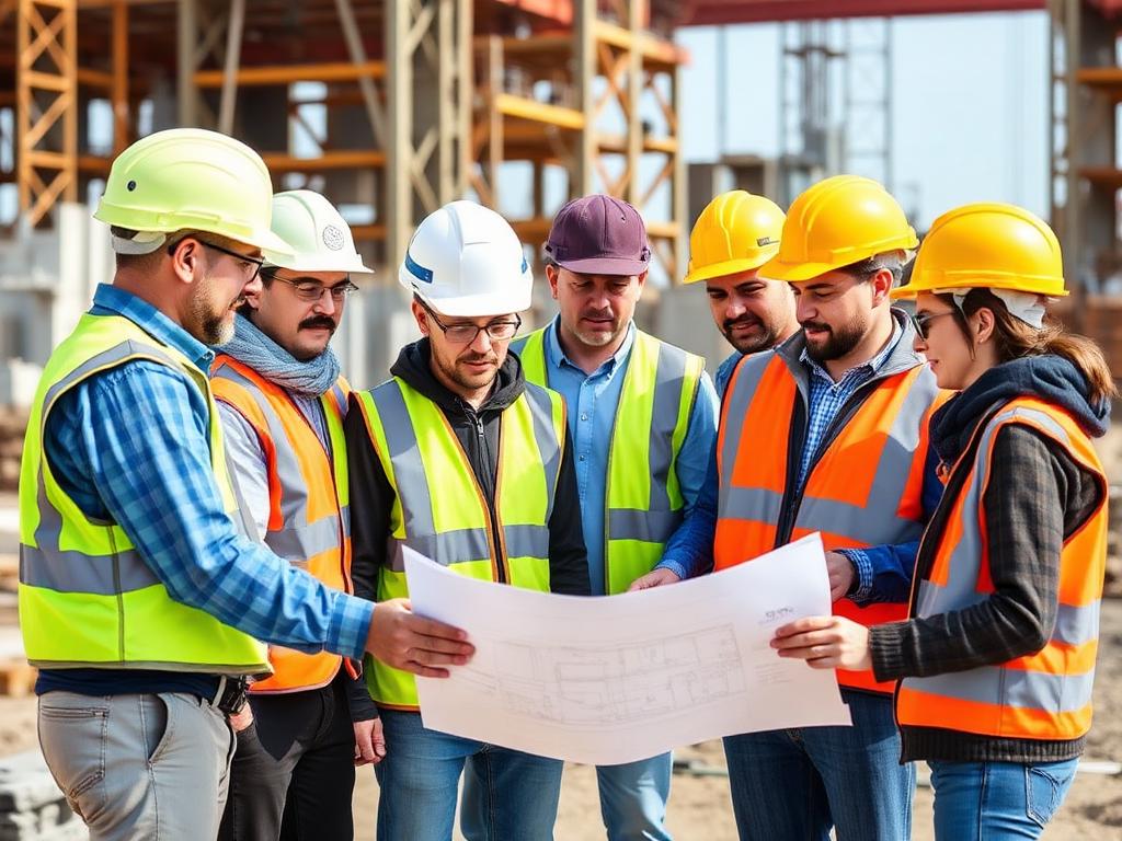Construction team reviewing blueprints on site